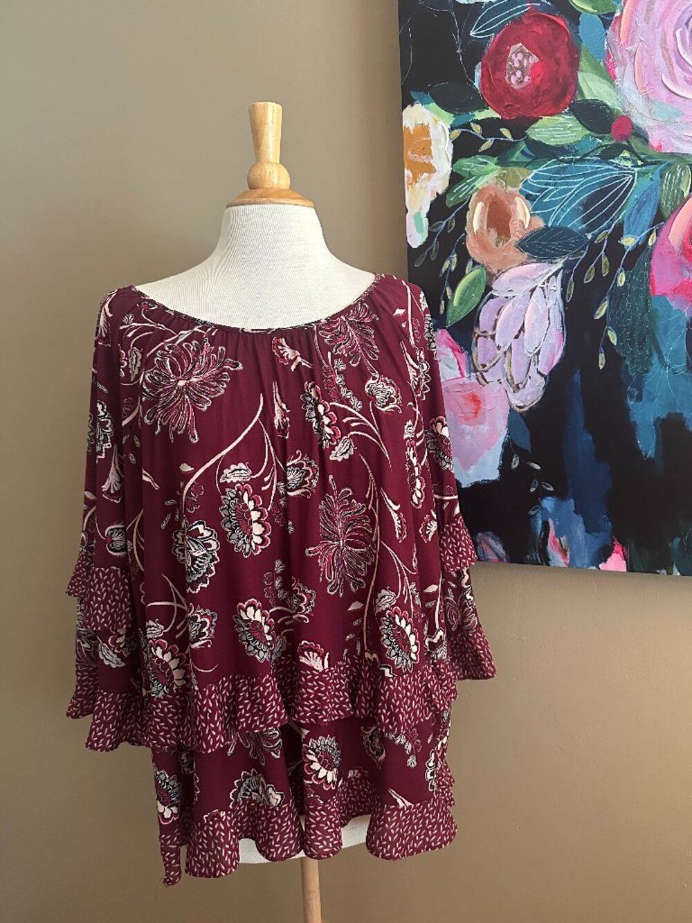 Style & Co Burgundy Floral Ruffle Boho Blouse Plus Size 2X